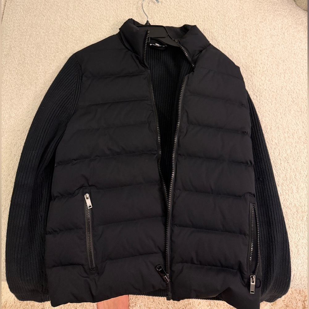 Reiss Black Quilted Puffer Jacket with Knit Sleeves